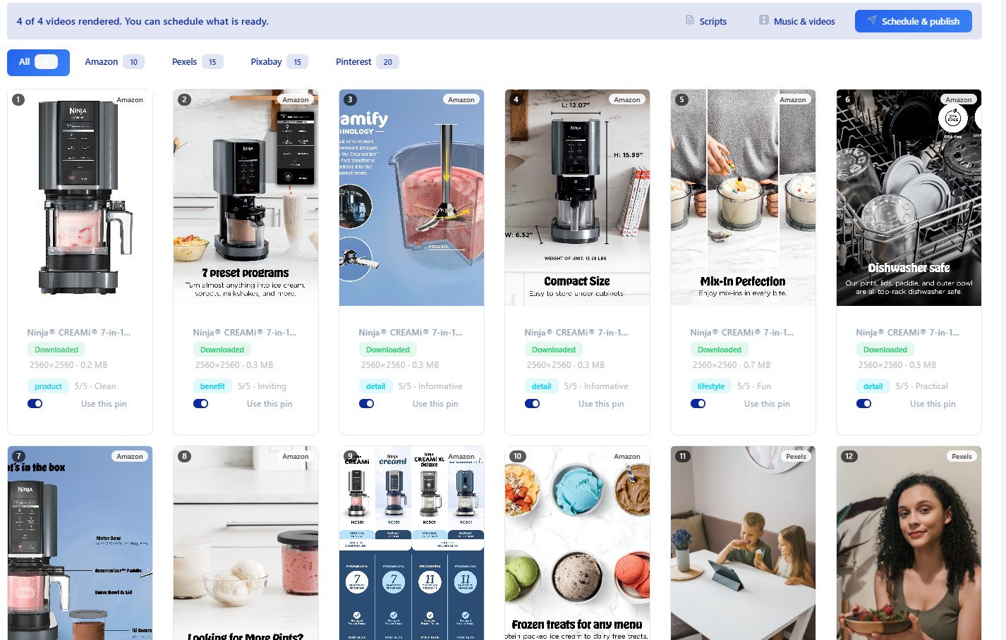The image picker after a run for the Ninja CREAMi: 60 images from Amazon, Pexels, Pixabay and Pinterest, each tagged with its role and score