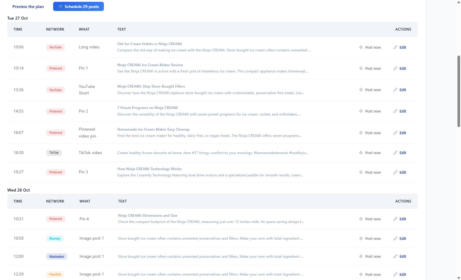 The posting plan for the Ninja CREAMi: 29 posts across YouTube, Pinterest, TikTok, Bluesky, Mastodon and Pixelfed with times, text and Post now buttons